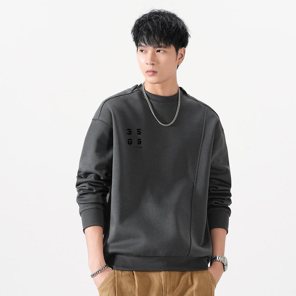 Men's Autumn Heavyweight Minimalist Double-Layer Collar Sweatshirt - Japanese Style, Spliced Round Neck, Trendy Loose Fit