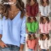 JPNTKY Women's Fashion Casual Solid Color Print Long Sleeve V Neck Blouses & Shirts Unique Design