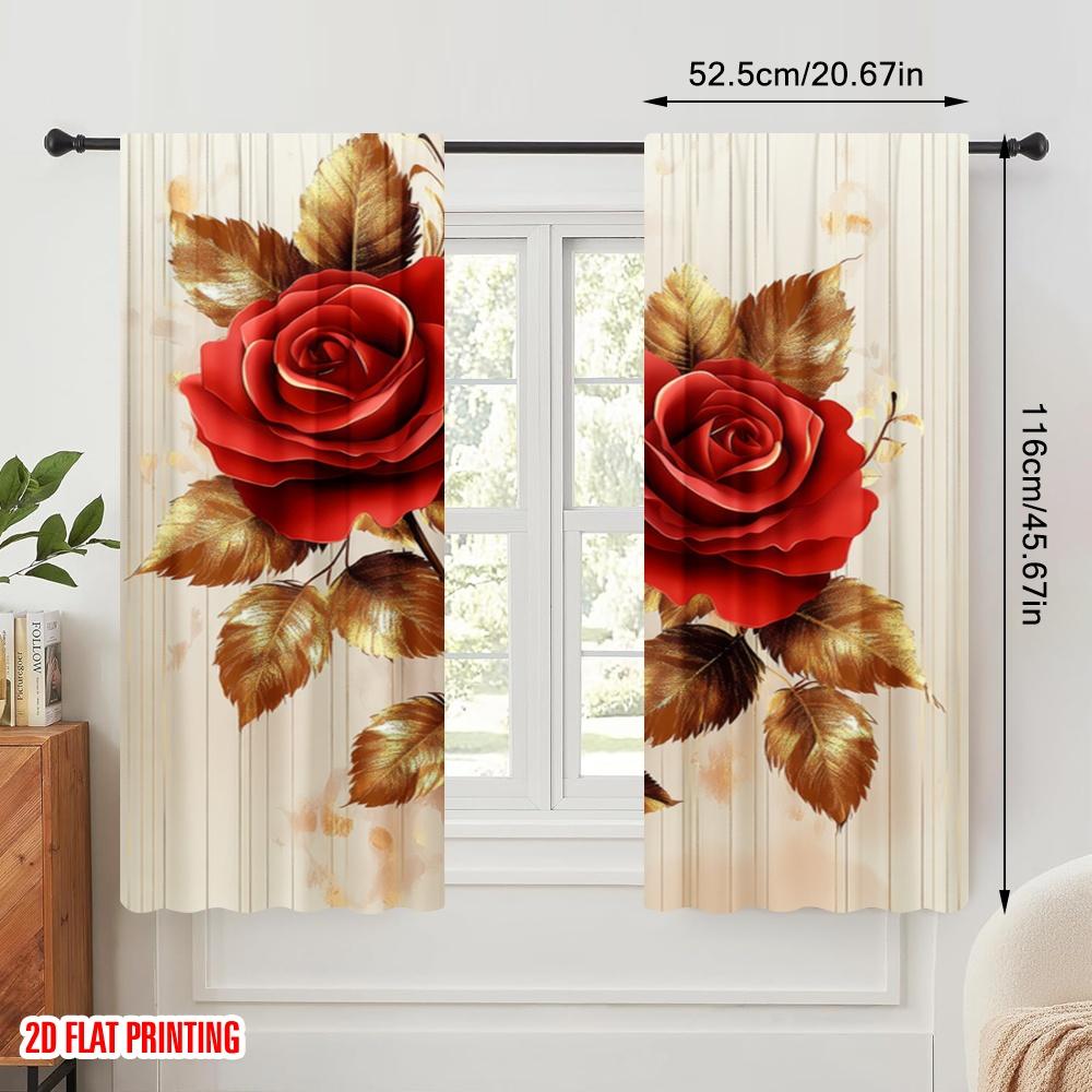 2pcs,2D Plane Printing Print Curtains Golden Roses Durable Polyester (without Rod) Versatile All Ldeal for Living Room, Bedroom,