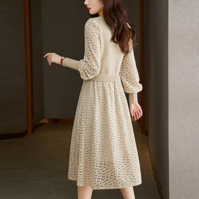 GMXIA Women's Knitted Dresses Autumn and Winter New Fashion Lantern Sleeve Long Sweater Dresses