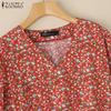ZANZEA Women Casual V-Neck Loose 3/4 Sleeve Floral Blouse
