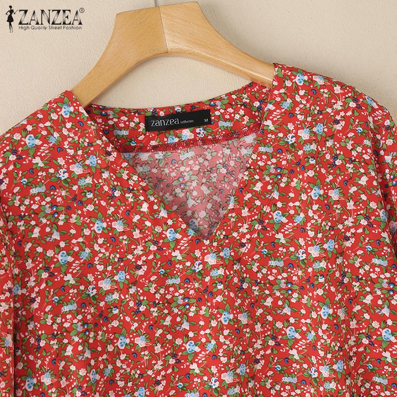 ZANZEA Women Casual V-Neck Loose 3/4 Sleeve Floral Blouse