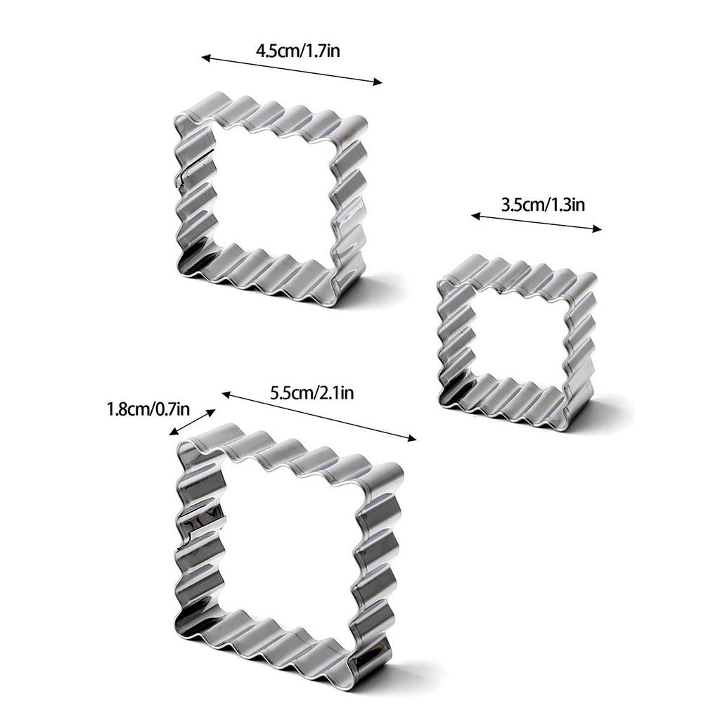 Stainless Steel Fondant Lace 3-Piece Cookie Cutter Set: Rectangular, Wavy Square, Mini Circle