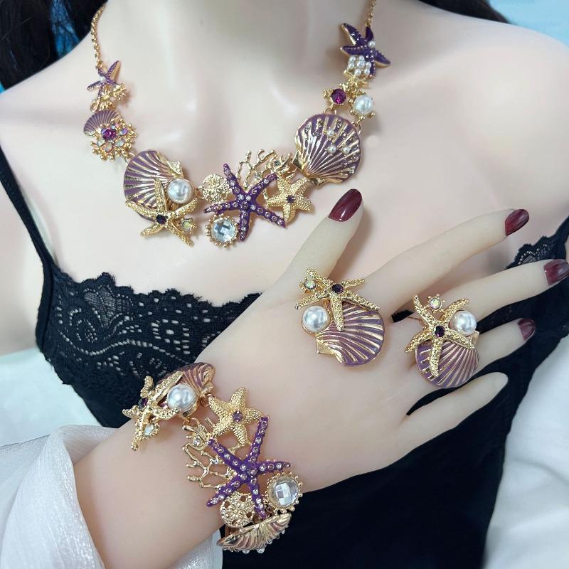 Island style beach starfish vacation four-piece set chain alloy diamond-encrusted bohemian shell jewelry