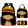 One Piece Luffy Rucksack 3-teiliges Set Schüler Schultasche Anime Rucksack Brotdose Klassisch Große Kapazität Wasserdicht
