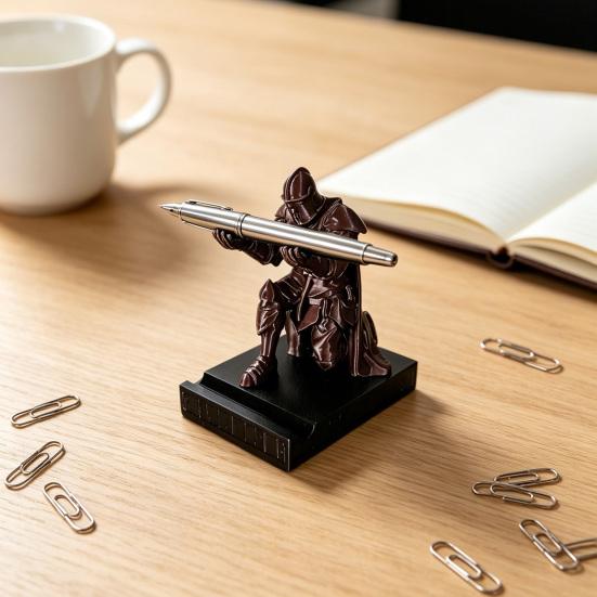 Porte-stylo Chevalier à genoux Impression 3D Guerrier blindé Organisateur de bureau Repose-stylo exécutif