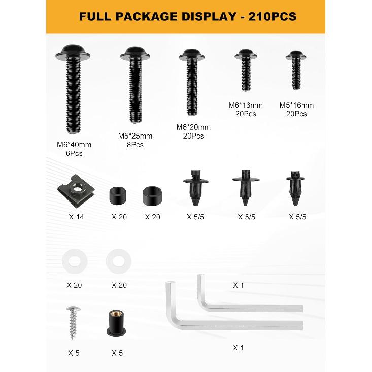 Motorcycle Fairing Bolt Kit, 195Pcs Stainless Steel M5 M6 Windscreen Screws Fastener Clips Universal Fit For Motorcycle Sportbike GSXR Honda Kawasaki