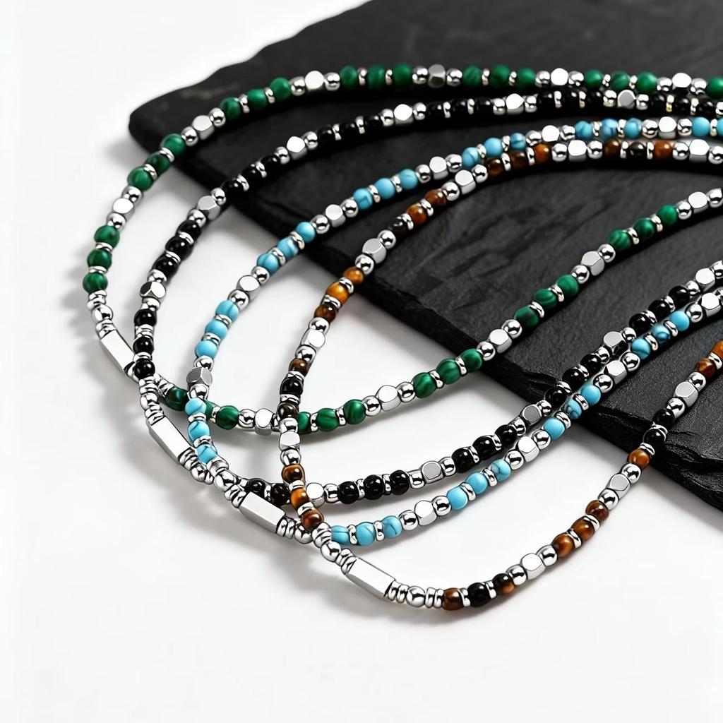 Trendy Men's Natural Stone Beaded Necklace,Classic Unique Stainless Steel Metal Bead Choker,Bohemian Jewelry Gift for Son Dad