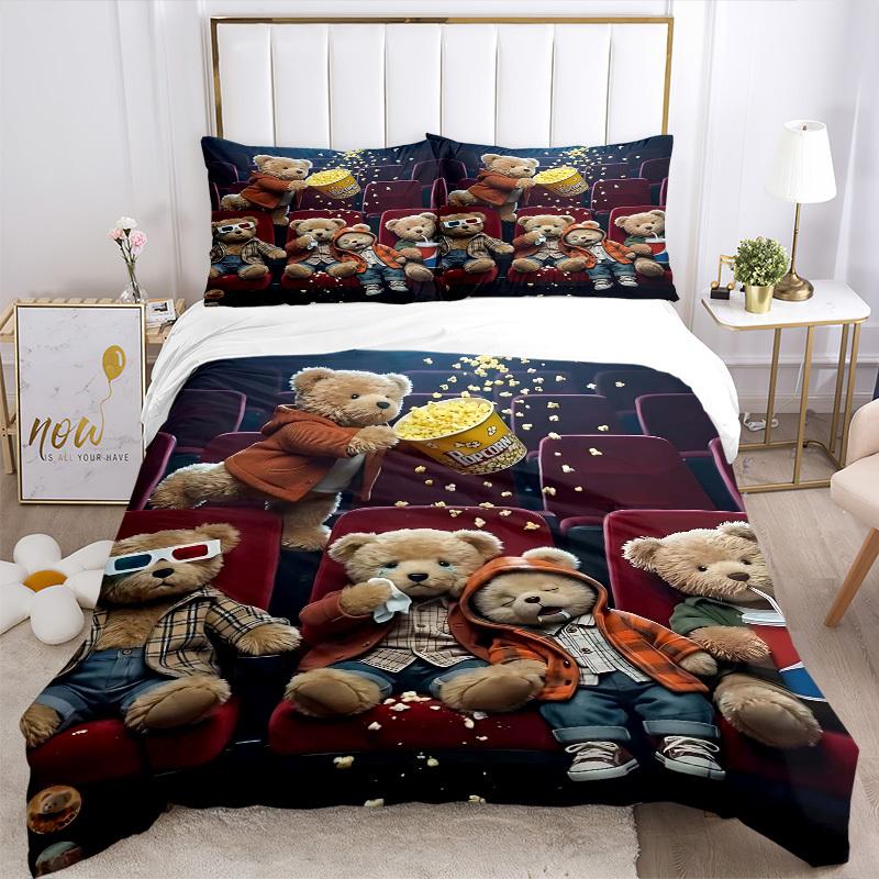 3pcs Anime Teddy Bear Popcorn Movie Night Bedding Set - Includes One Quilt Cover and Two Pillowcases (No Core) - Perfect for Bedroom and Gue