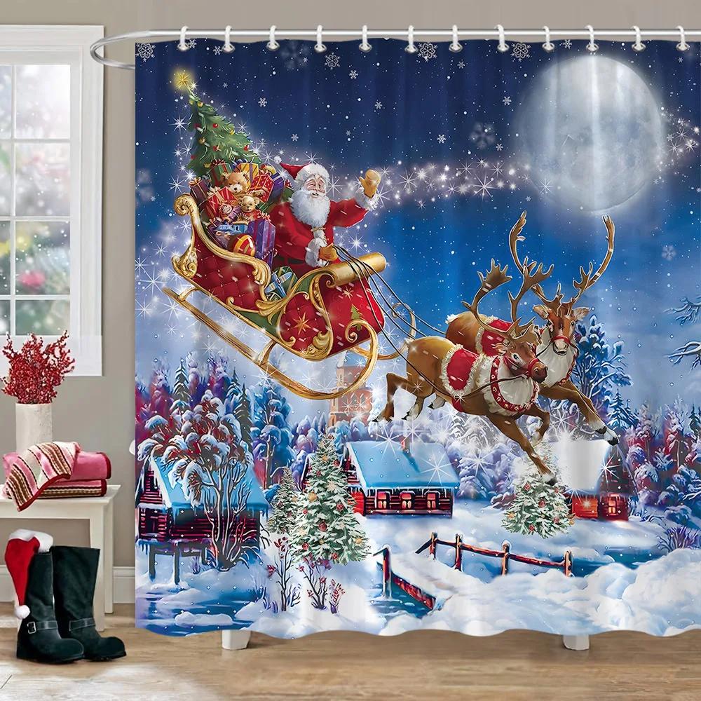 

Christmas Elf Shower Curtain Rug Bathroom Set Snowman Fawn Xmas Gift Happy New Year Shower Curtain Set Bathroom Decoration W150xH180cm