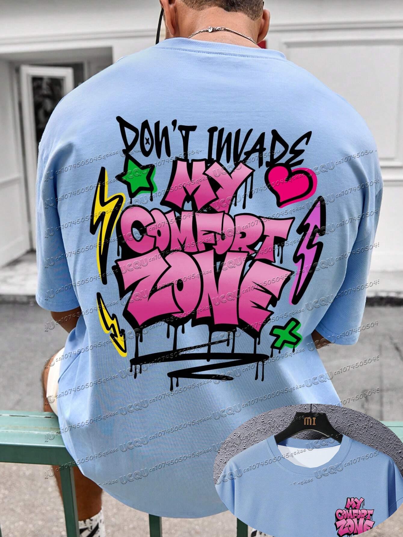 

My Comfort Zone Men Slogan Print Short Sleeve Colorful Graffiti Casual T-Shirt Boyfriend Gift Fashion And Trendy Streetwear Top S