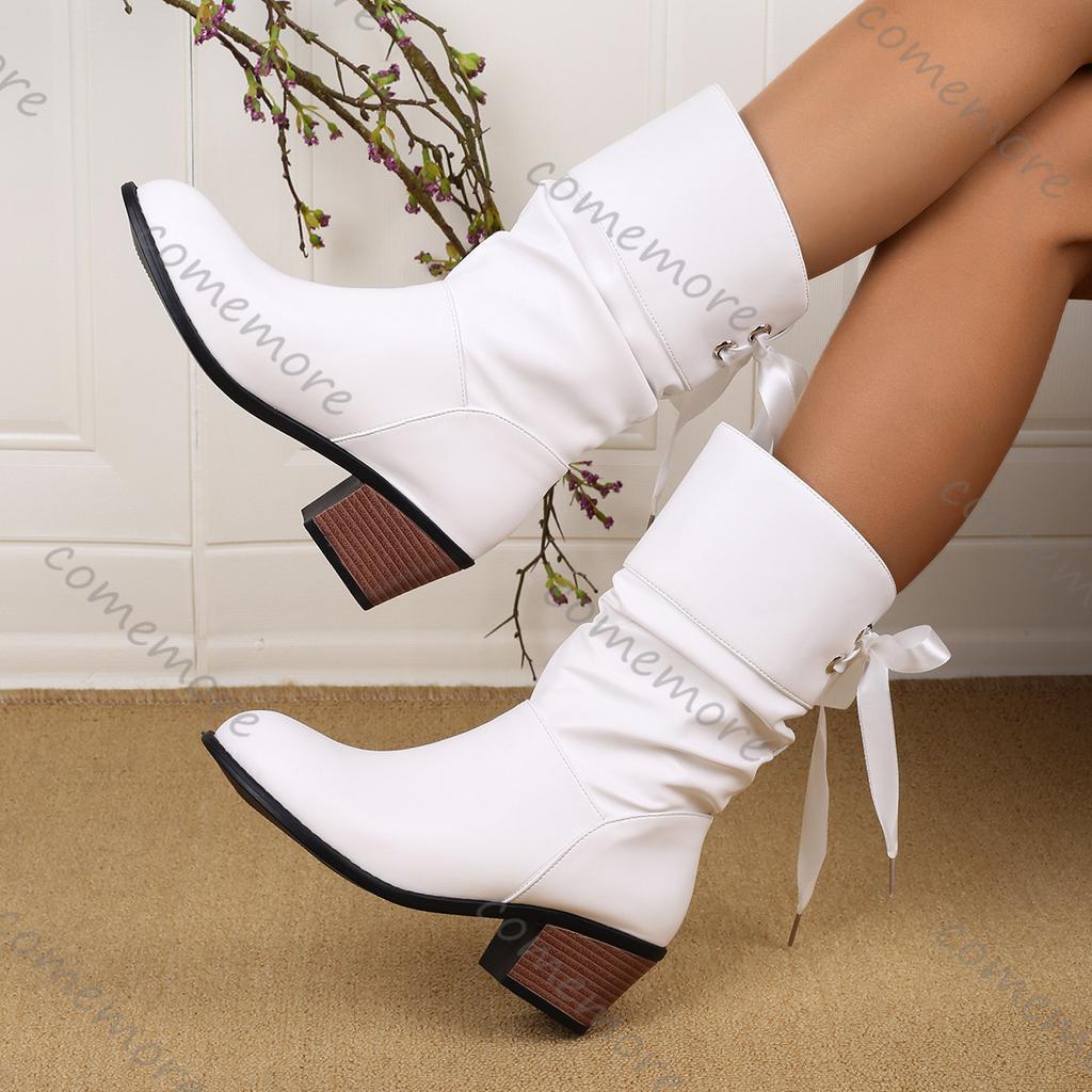 Fashion Comemore Autumn Winter New Middle Heel Lace-up Mid-calf Boots for Women Casual Solid Thick Heeled Female Round Toe Short Boats