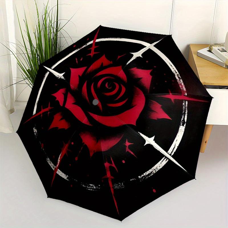 1pc Rose Compass Automatic Open/Close Umbrella with Windproof, Functional Design, 8-Rib Sturdy Canopy, Durable Ribs,005