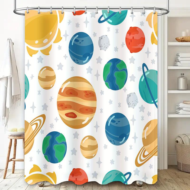 Vibrant Planet Shower CurtainGalaxy Pattern Decorative Plastic Rod Pocket Waterproof Fabric Bath Mat for Home Decoration Multi C
