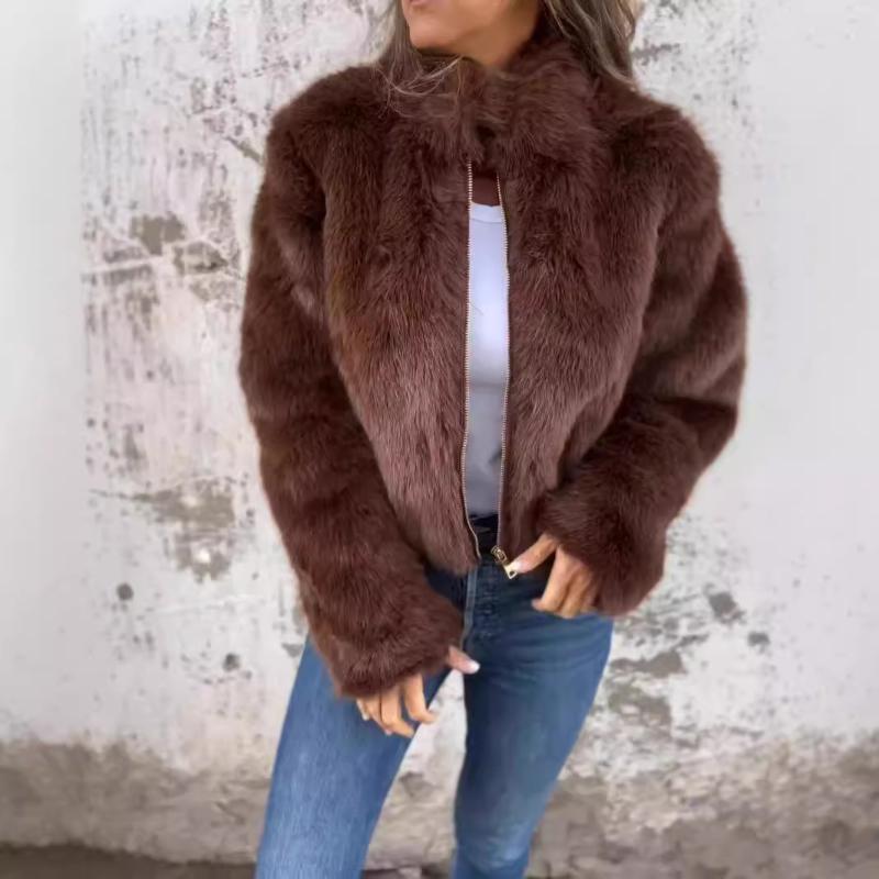Autumn and Winter Women's Faux Fur High Neck Zipper Casual Top Jacket