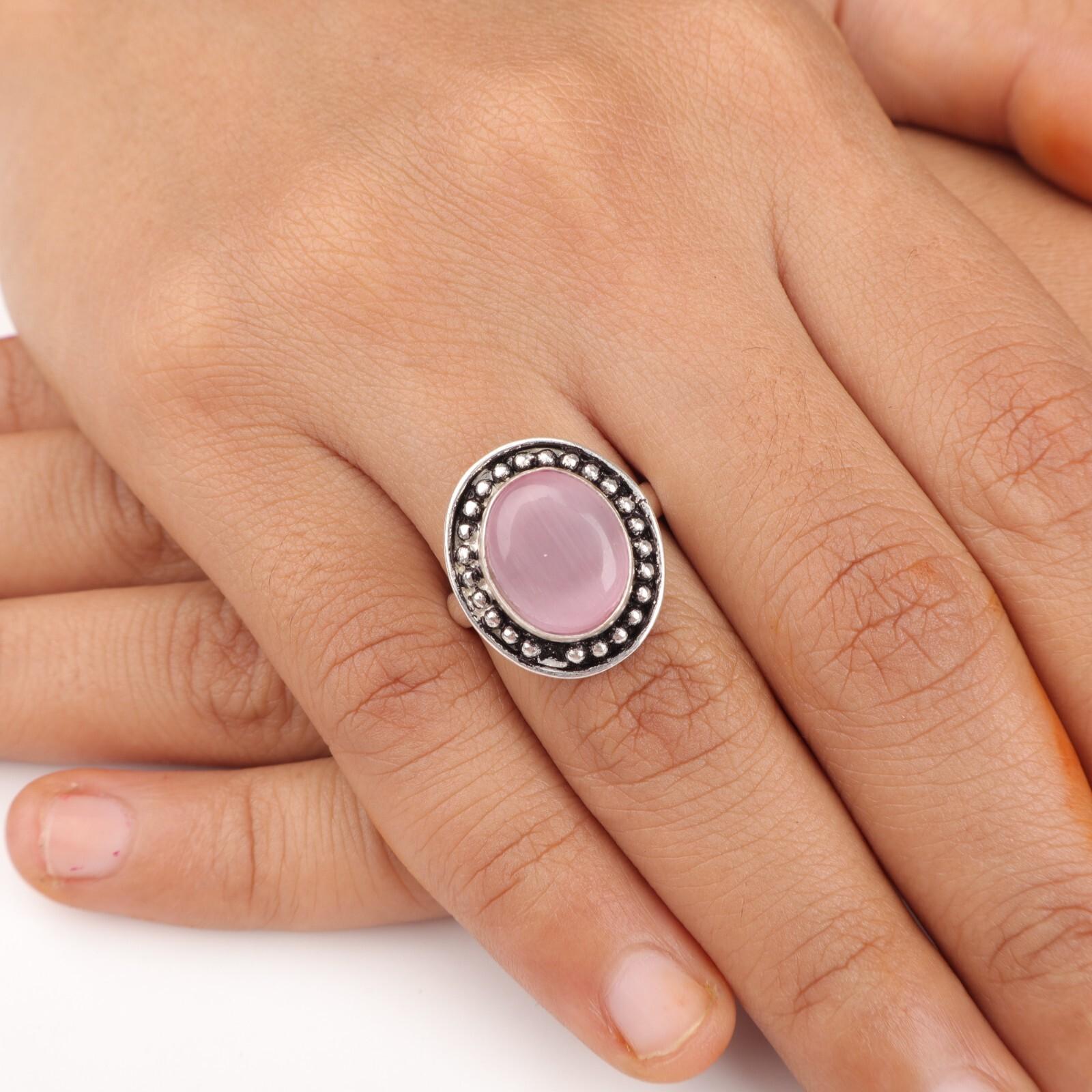 

Pink Cat s Eye Gemstone 925 Sterling Silver Jewelry Handmade Anniversary Ring RR-62-40 13