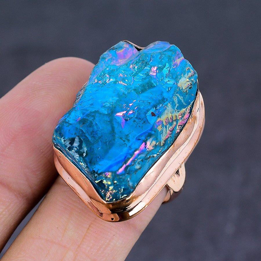 Přírodní páví titanová aura drahokam ručně vyráběné měděné šperky prsten velikost 8 s8G02