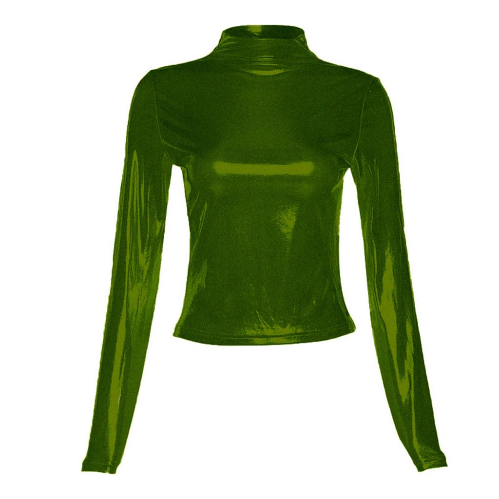 Womens Shiny Long Sleeve T-shirt Fashion Metallic Mock Neck Slim Fit Tops Party Clubwear