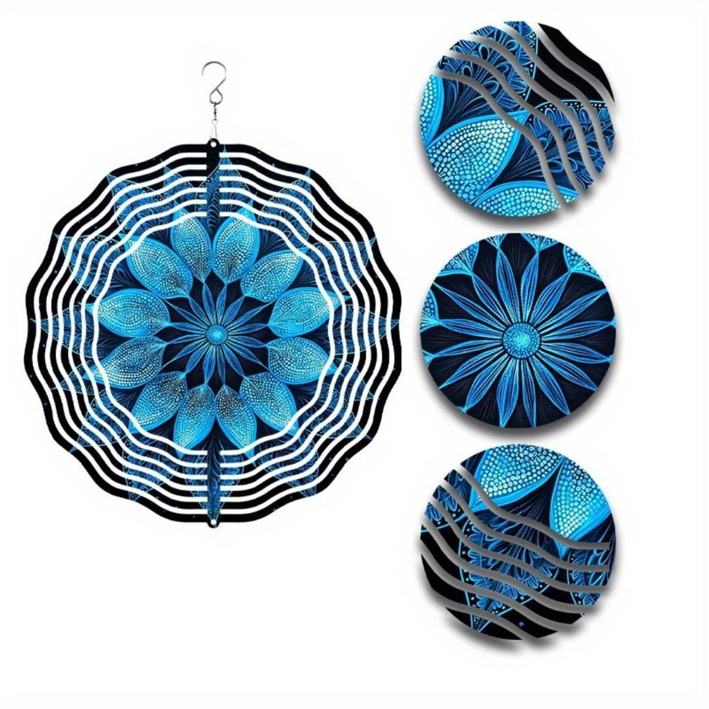 25,4 cm Mandala Blume Metall Windspiel - Langlebiger Hängespiral mit blauem & goldenem Design für Innen-/Außen-Garten- und Terrassendekoration