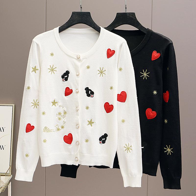 Autumn Women Designer Embroidery Heart Single Breasted Knitted Sweater Coat Jacket