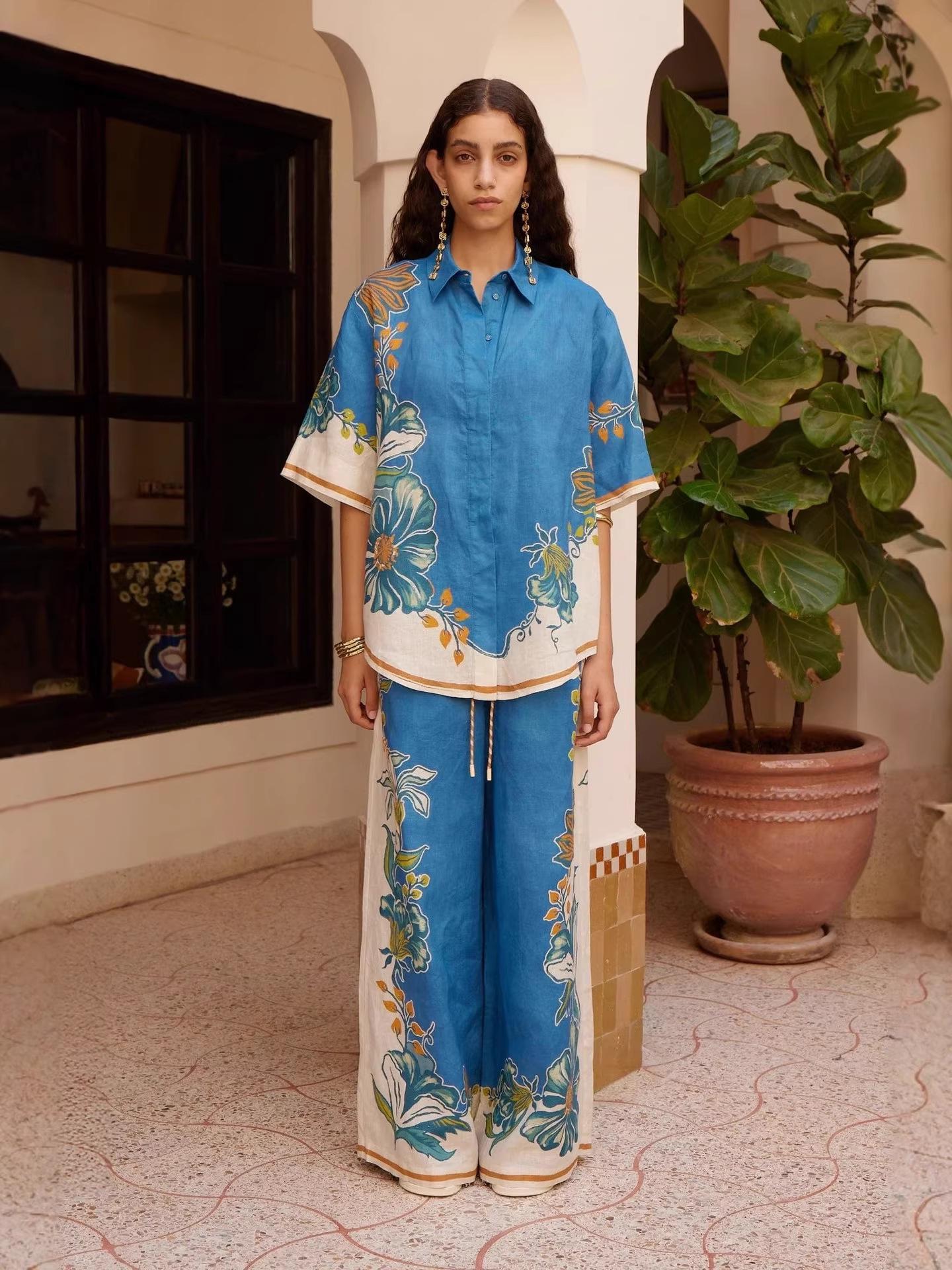 

2025 Casual Fashion Temperament Loose Short Sleeve Shirt Set L павлин голубой