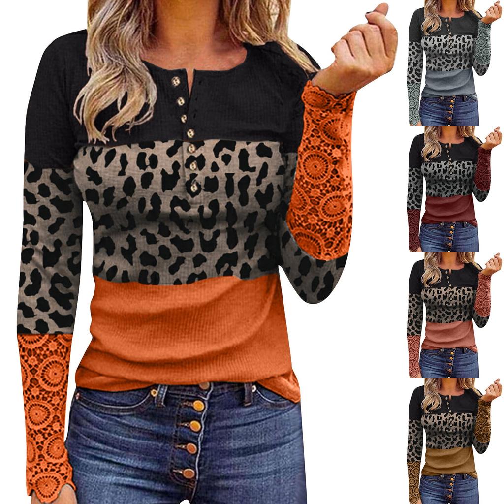 Women's Fashion Panelled Contrast Leopard Print Lace Long Sleeve Top