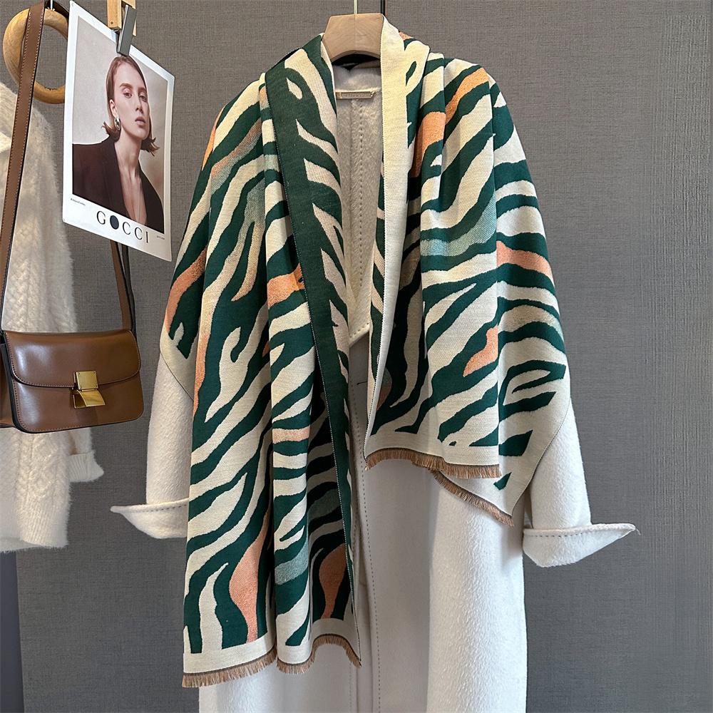 Warm Women Winter Cashmere Scarf Stripe Print Shawl Wrap Soft Pareo Elegant Poncho Femal Thick Warm Blanket Echarpe Pashmina