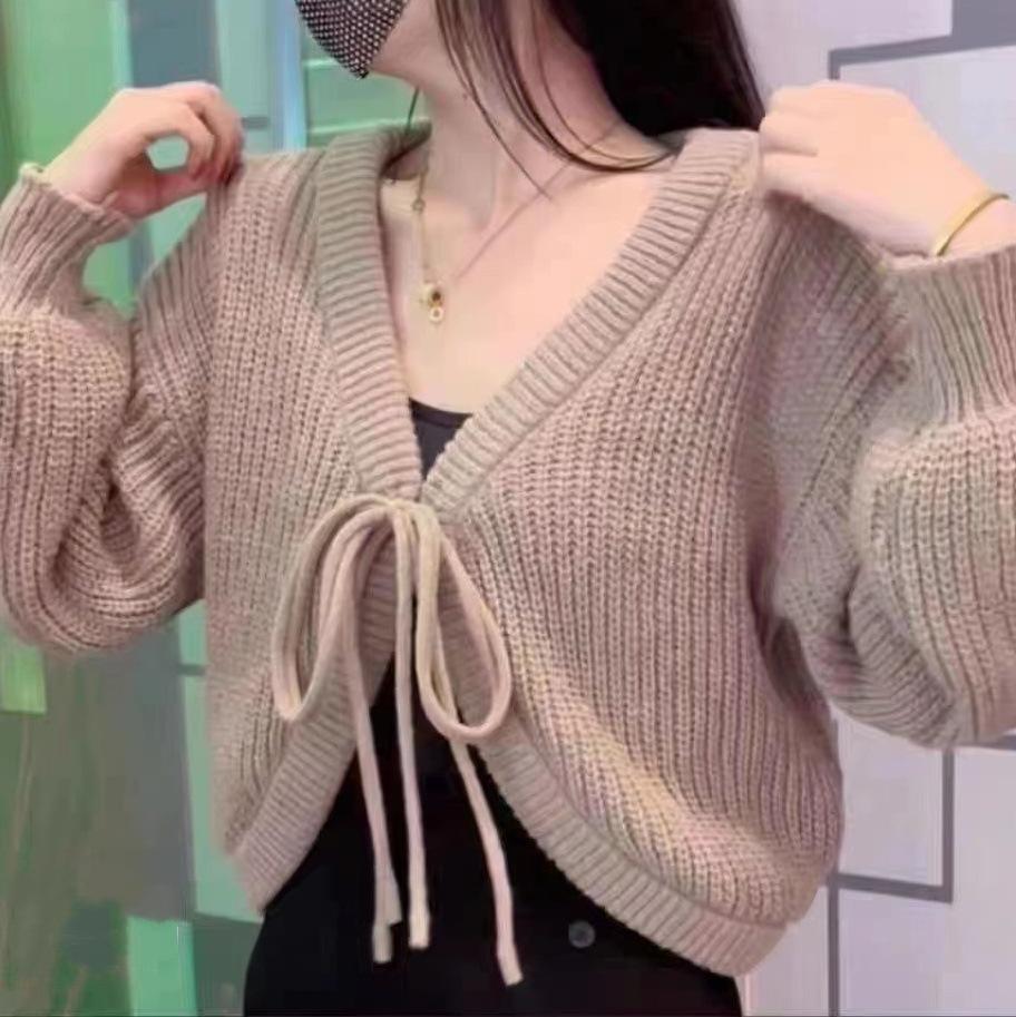 

Вязаный кардиган на шнуровке для женщин, весенний свободный и универсальный свитер в нежном стиле M хаки