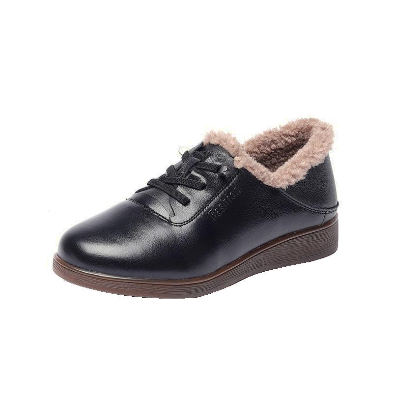 "2025 Winter Genuine Leather Non-Slip Fur-Lined Flat Shoes for Middle-Aged and Elderly"