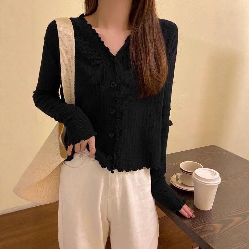 V-neck knitted cardigan solid color versatile small coat sweater spring trend women's early autumn new fungus edge