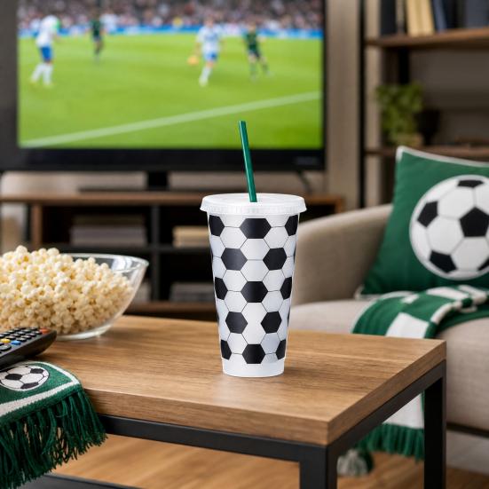 Soccer Plastic Cup with Straw, Football Shaped Cold Drink Tumbler, 710ml Capacity Reusable Soda Cup for Game Day, Fan Party