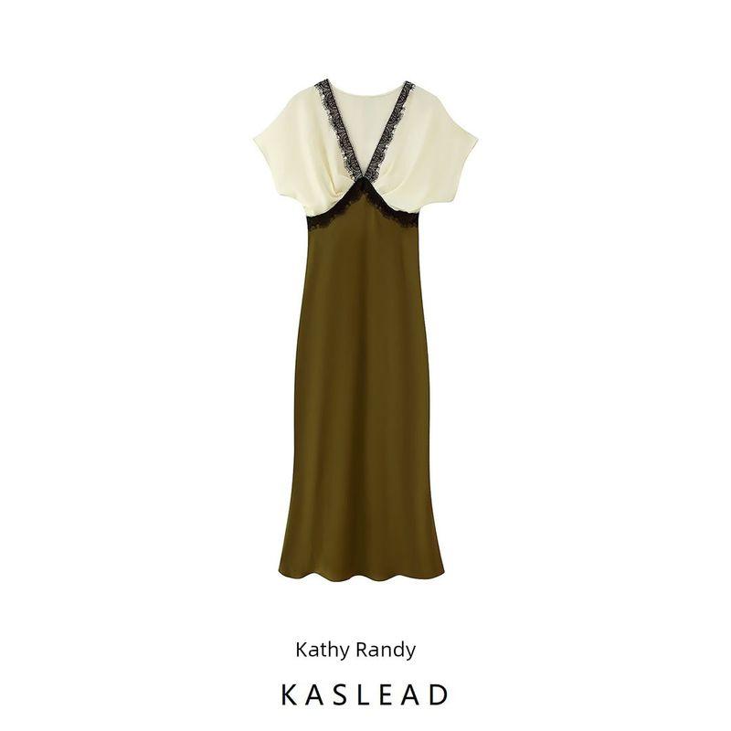 Kaslead New Women clothes Western Style Contrast Color Lace Silk Satin Texture Dress 1165177 071