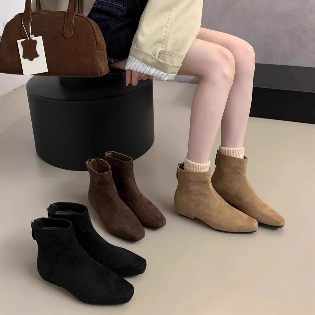Square head suede versatile thick heel thin boots short boots women's autumn and winter velvet 2025 new Martin boots Korean ankle boots