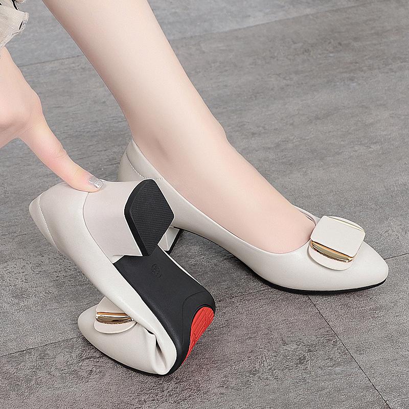Pointed Toe Shallow Mouth Fashionable Genuine Leather Soft Sole Solid Color Thick Heel Fashionable Square Buckle Versatile Women's Shoes