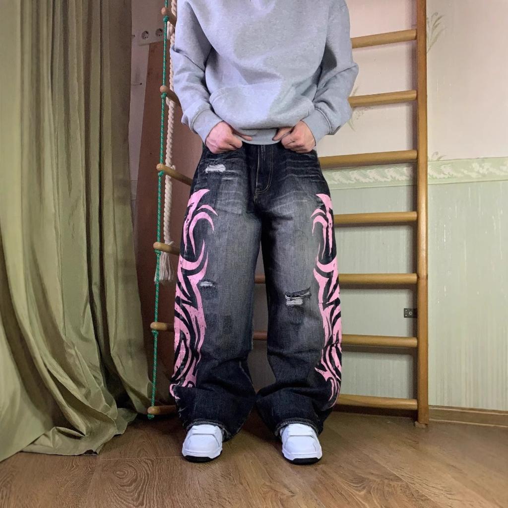 Unisex High Waist Straight Jeans Pants Loose Fit Streetwear Printed Denim Trousers