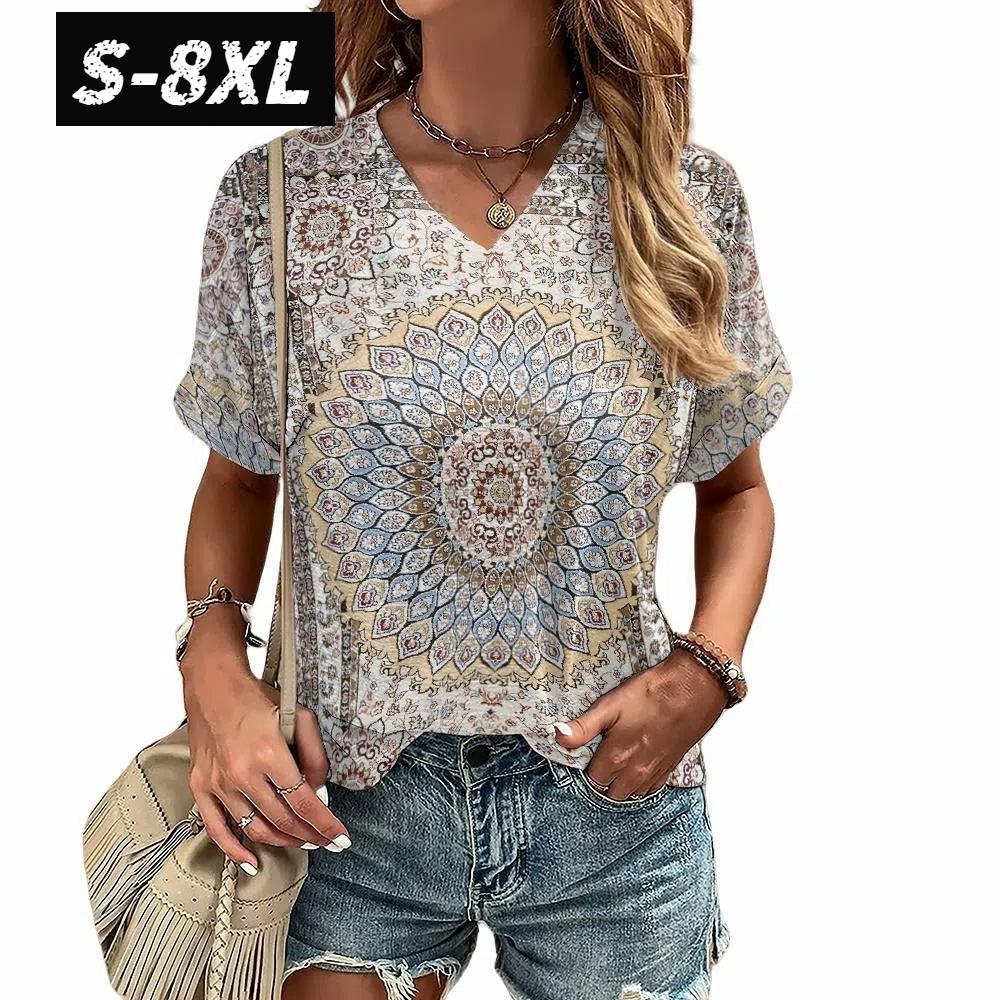 S-8XL Plus Size T-shirt for Women's Summer Short Sleeve Casual Tops Street Fashion V Neck T-Shirt Female Clothing Pullover