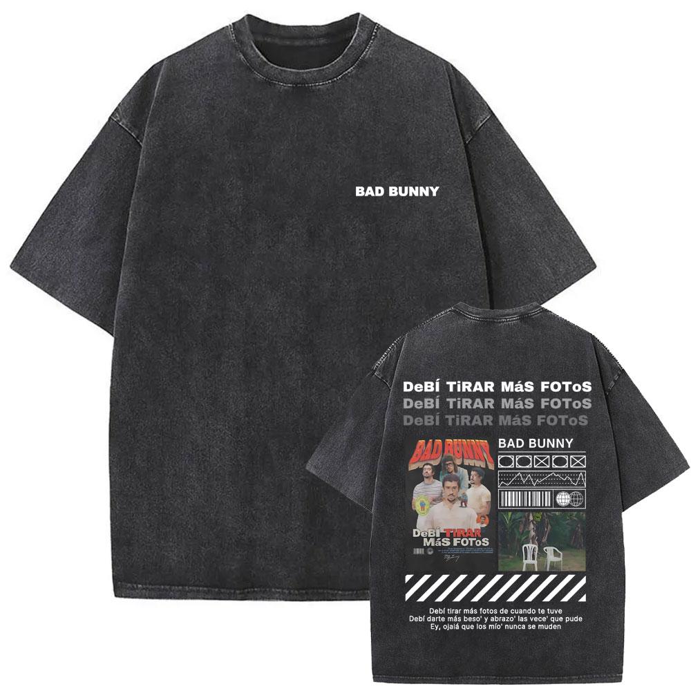 Camiseta Gráfica de Rapper Vintage Lavada Cara de Bad Bunny DeBi TiRAR MaS FOToS Impresión DTMF Camisetas Hombre Hip Hop Retro Camiseta Oversize