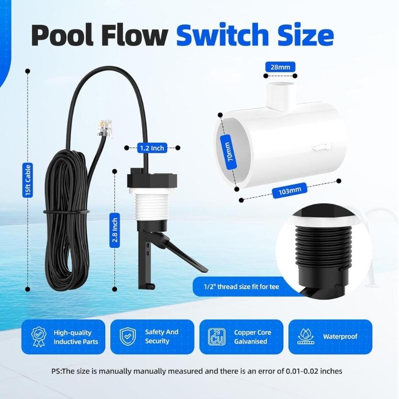 Senzor comutator de flux pentru piscină cu etanșare impermeabilă și conexiune filetată, ușor de utilizat pentru sisteme cu clorinator cu sare, cablu de 15ft