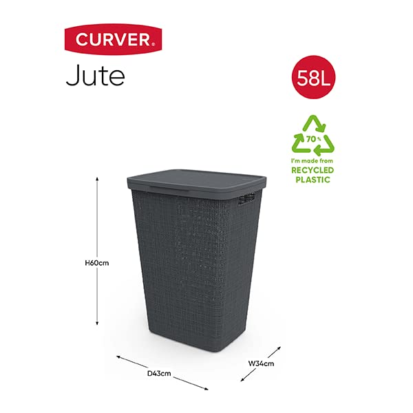 CURVER Jute Basket with Lid, Gray, 58L, Laundry Storage Basket, Durable, Scandinavian Design, Linen-Like Texture