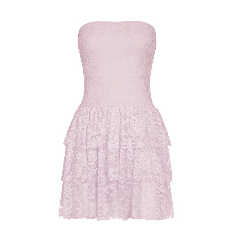 

French-Style Romantic and Sexy Lace Off-Shoulder Tube Top Dress with Unique Design, Lightweight, Waist-Cinching, Short Cake Dress Pink M