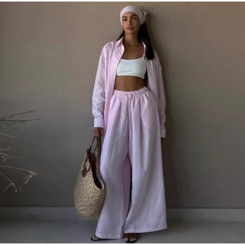 Women's Pure Cotton Shirt and Pants Set Casual Solid Color Women's Set V-neck Button Decoration Sweet Style Spring and Summer New Women's Clothing