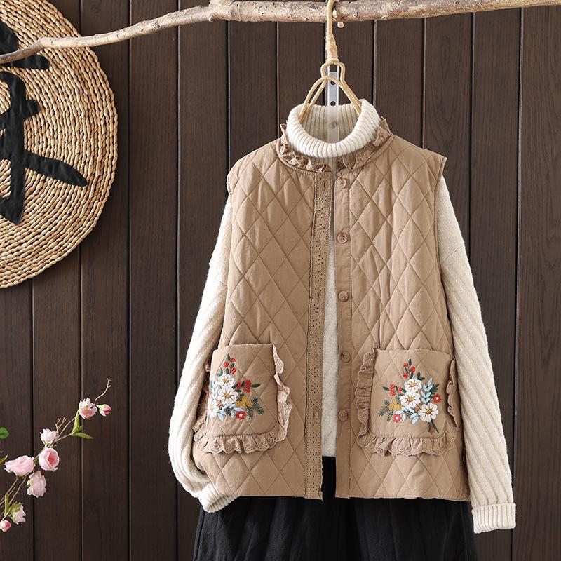2023 Winter Women's Embroidered Cotton Vest: Loose, Versatile Large Size with Double Pockets