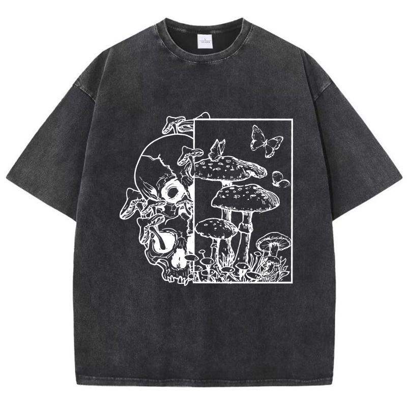 benber vintage Skeleton Growing In Mushrooms Butterfly Print Washed T Shirt Women Clothes Trendy ONeck s Cotton Streetwear S
