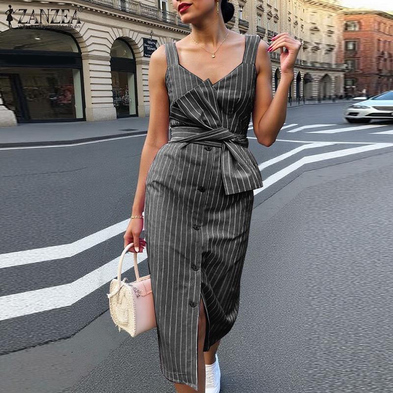 ZANZEA Damen Sommer V-Ausschnitt Lässig Ärmellos Streifenkleid