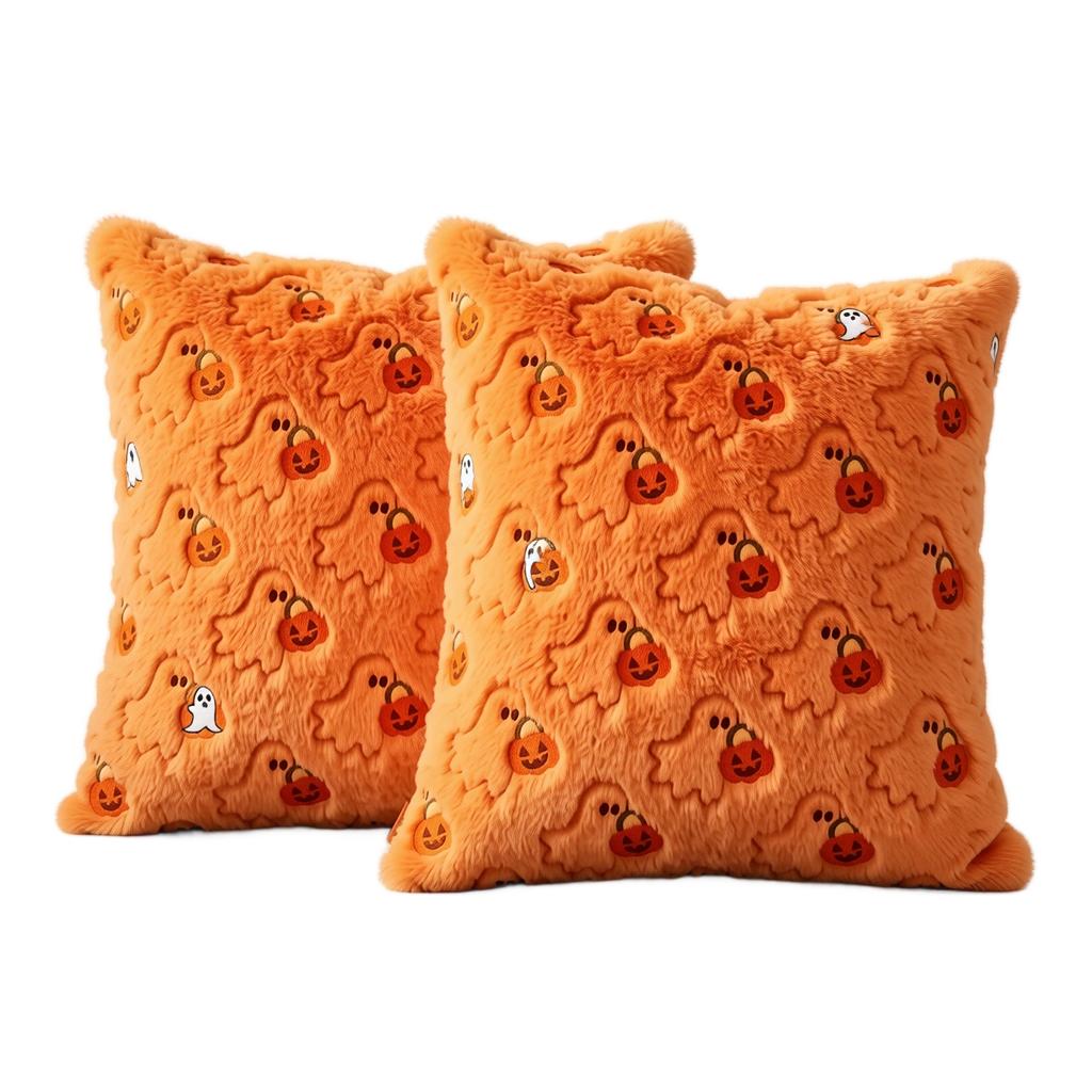 Halloween Plush Pillow Cover 45cm Square Decorative Cushion Case Soft Fabric Ghost and Pumpkin Pattern for Home Sofa Bedroom