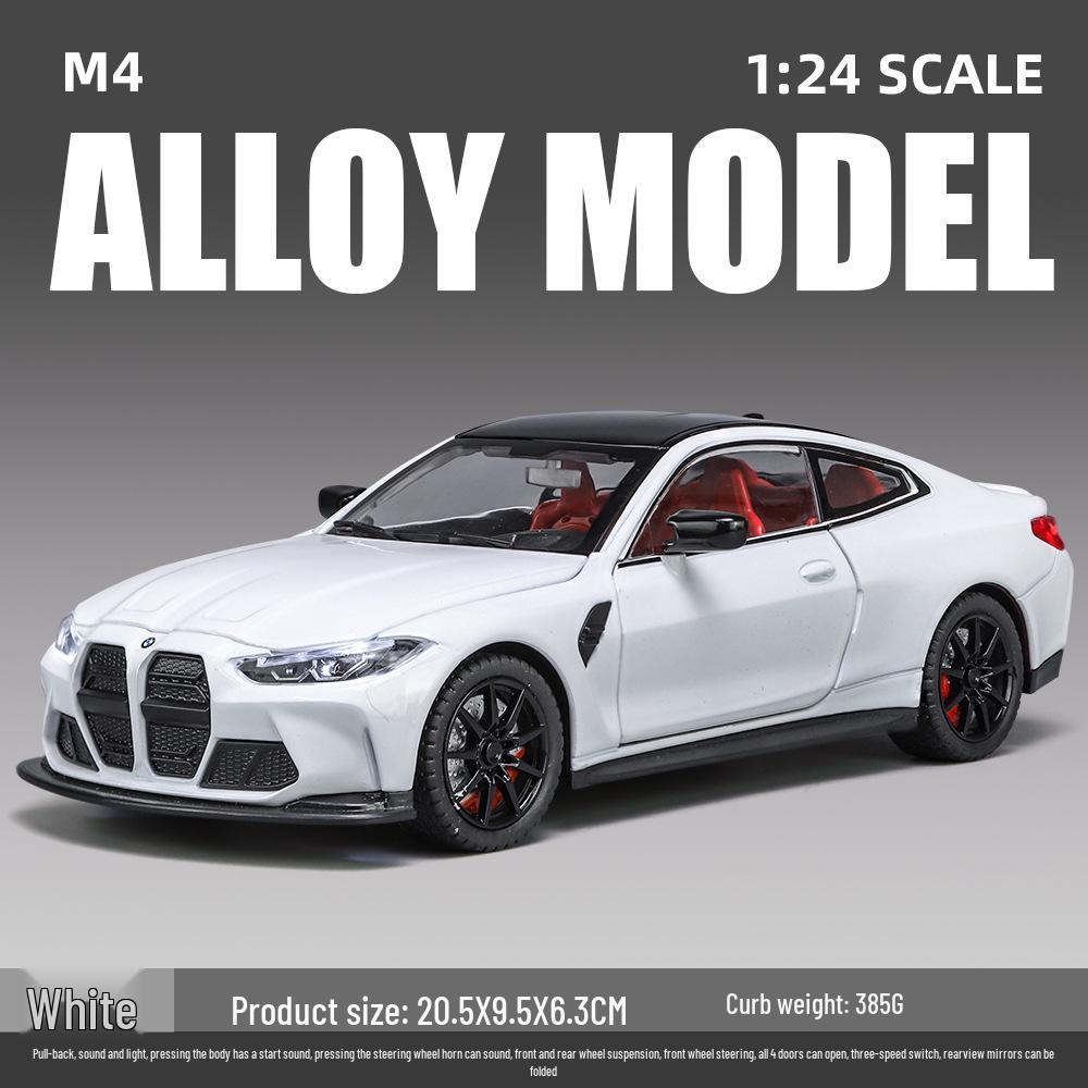 1:24 BMW M4 Diecast Car Model with Shock Absorption, Pull-Back, Steering, Sound, and Light Features.