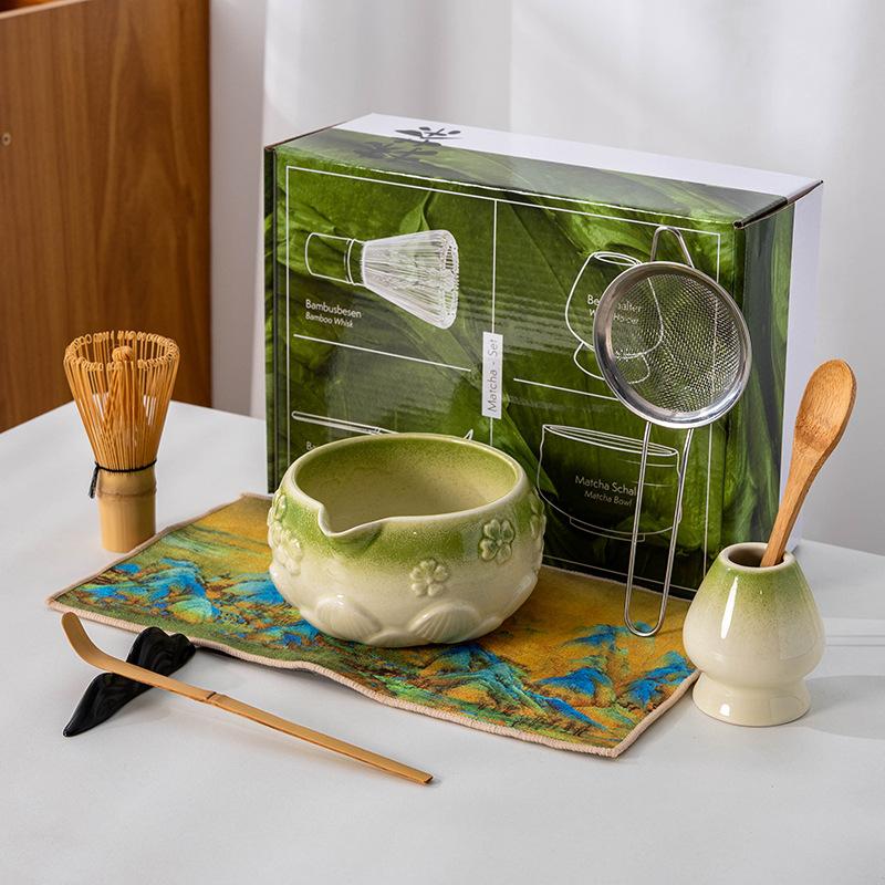 4-8pcs Cherry Blossom gradient pink Matcha Bowl with Matcha Whisk Set Japanese Tea Set Includes Matcha Bowl with Spout