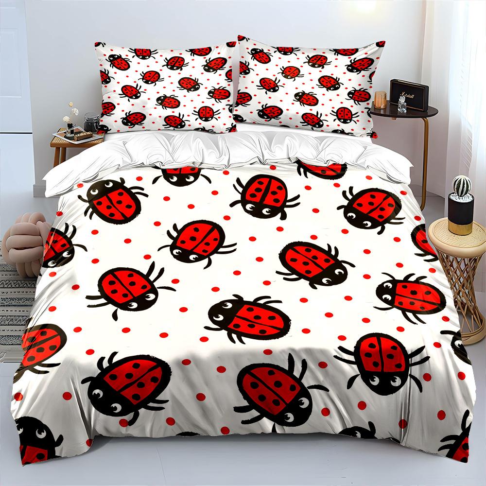 Ladybug And Red Polka Dot Pattern Print Bedding Set 1 Duvet Cover 2 Pillowcases For Adult And Children Luxury Gift Full Size