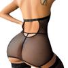 European & American Patent Leather Mesh Cutout Backless Halter Lingerie Set