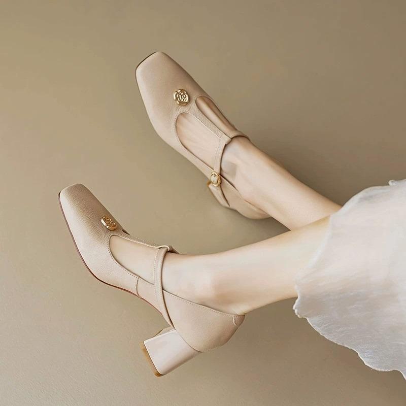 

Fashion 2025 New Mary Jane Heels for Women Pumps Shoes with Round Toe Design Chunky Heel for Comfort Fashionable Beauty 35 бежевый